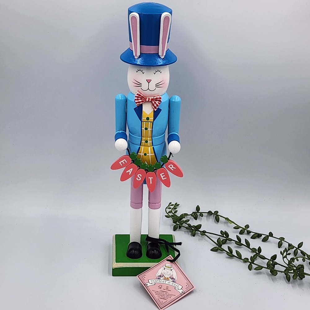 Tophat & Tail Wood Easter Bunny Nutcracker Blue Tuxedo Carrot Banner Decor 14 in